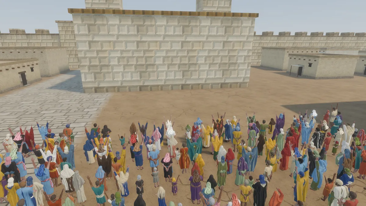 A crowd with raised hands in a Jerusalem courtyard before the governor's palace