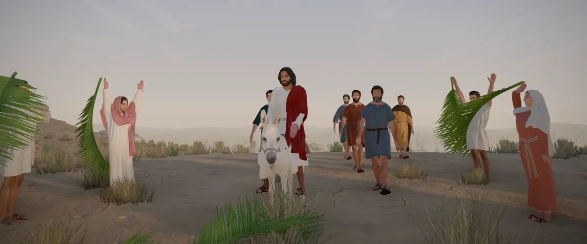 Jesus riding a white colt as the crowd waves palm branches