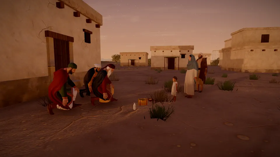 The wise men in Bethlehem at dusk