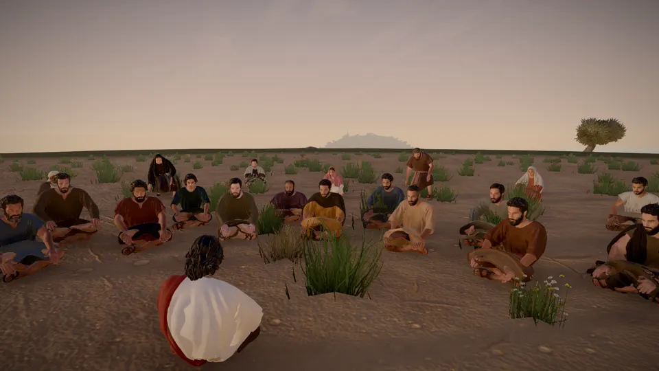 Jesus teaching a crowd seated on the ground